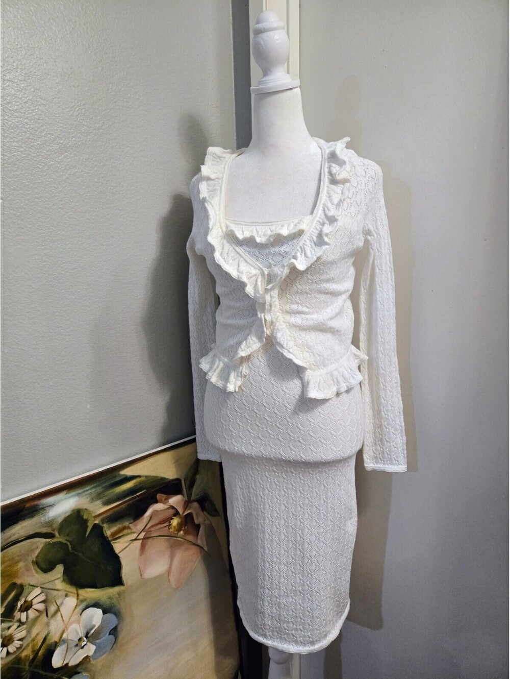 Willow & Wind  NWT  White Ruffle Floral Knit Button Cardigan Dress Set Size XS